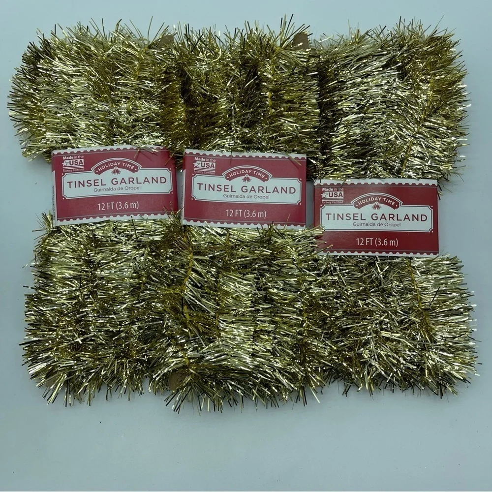 Tinsel Garland Gold 12 Feet Each Set of 3 Lightweight Holiday